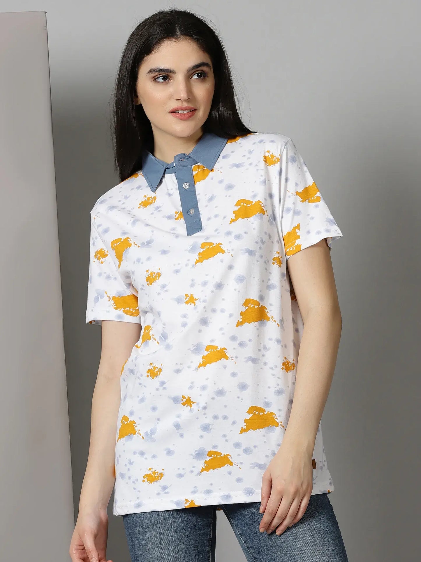 White Print Grey Collor Polo T-Shirt By Rodzen