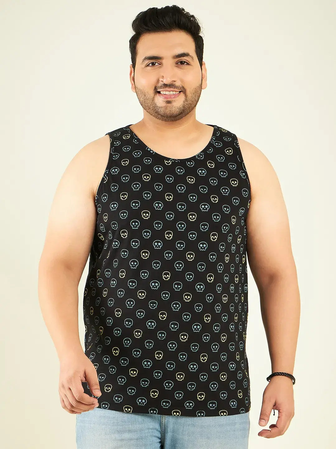 Black Skull Print Grey Plus Size Vest By Rodzen
