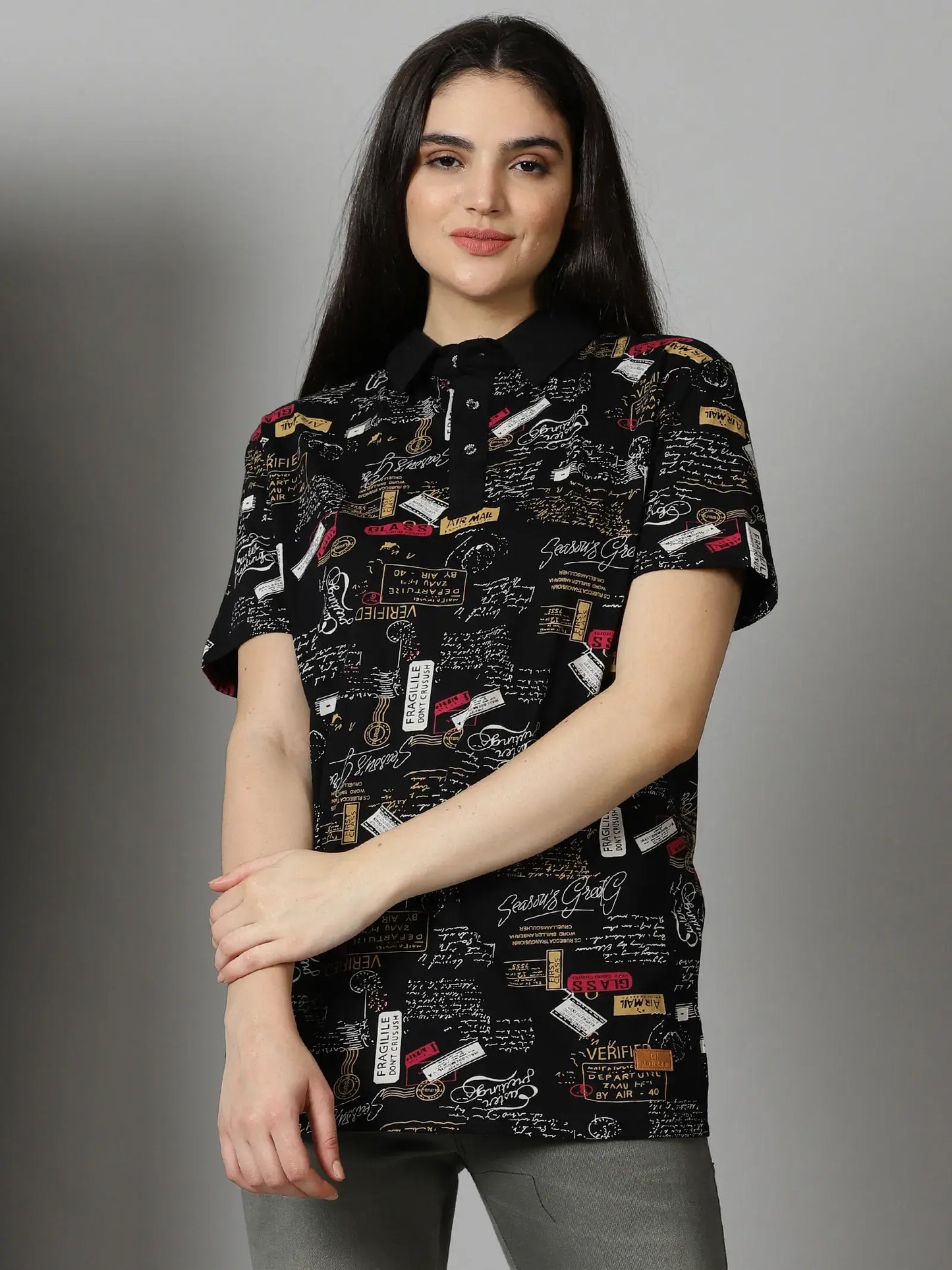 Black Printed Polo T-Shirt By Rodzen