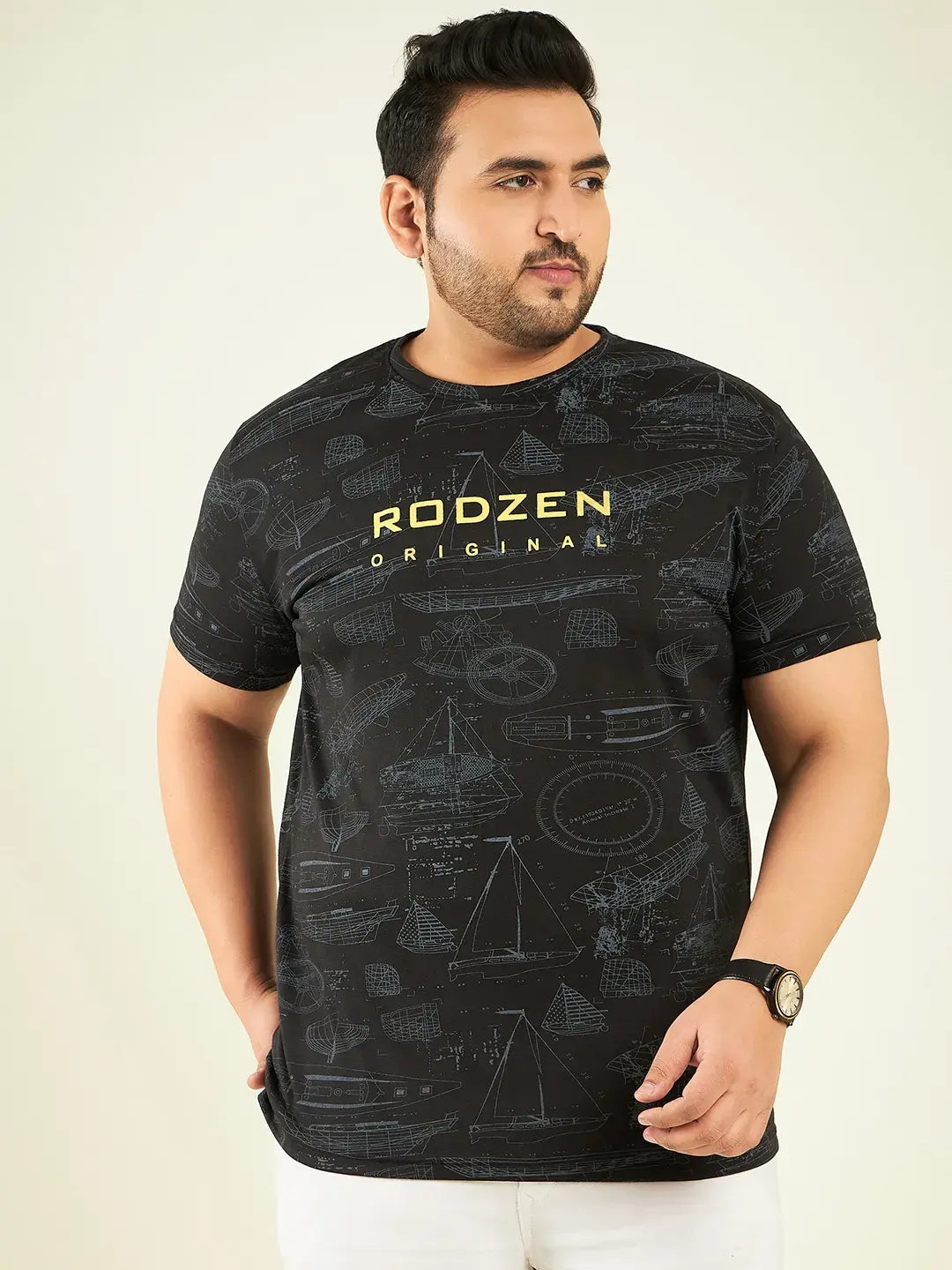 Boat Printed Black Plus Size T-Shirt By Rodzen