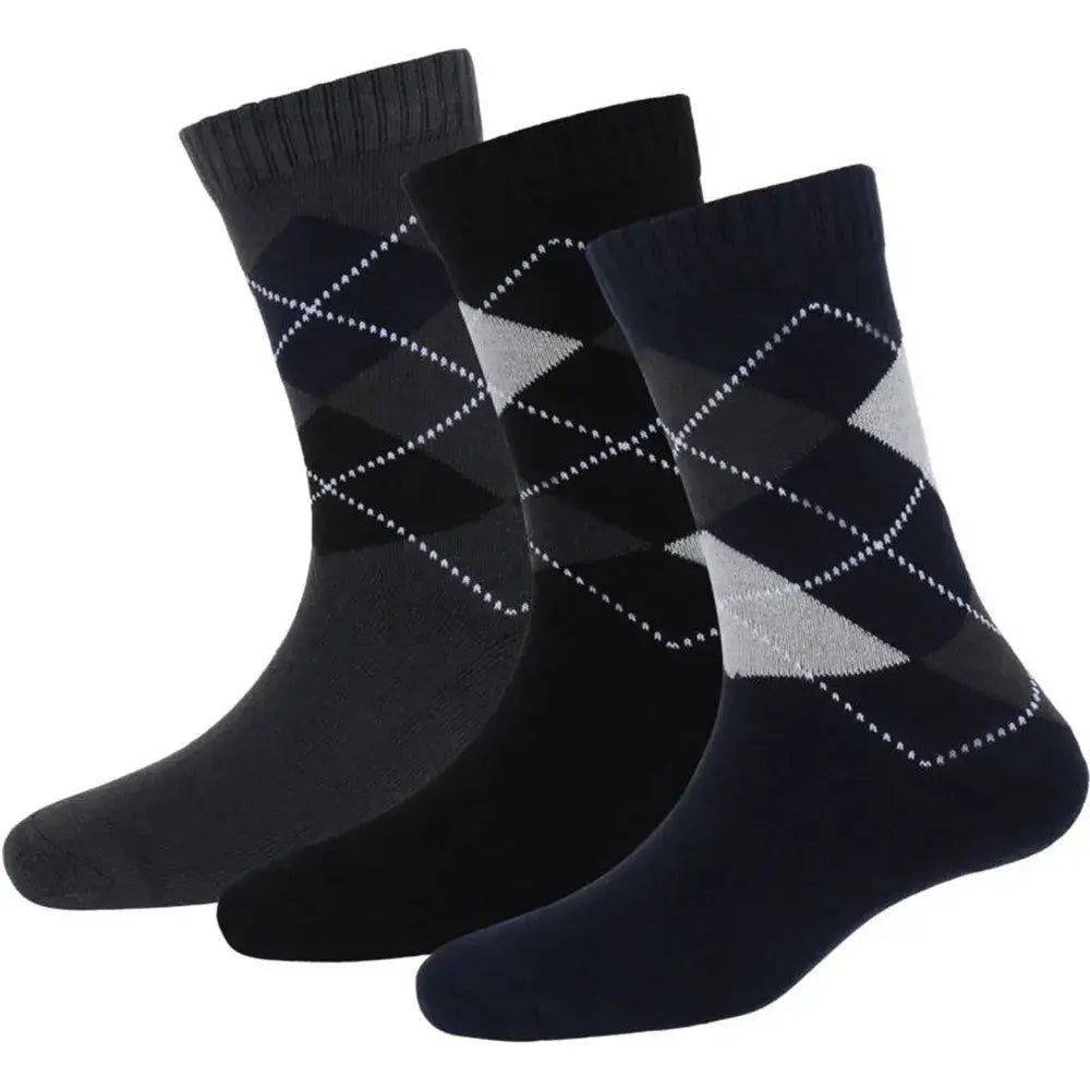 Argyle Style Black And Grey Printed Long Socks - Pack Of 6