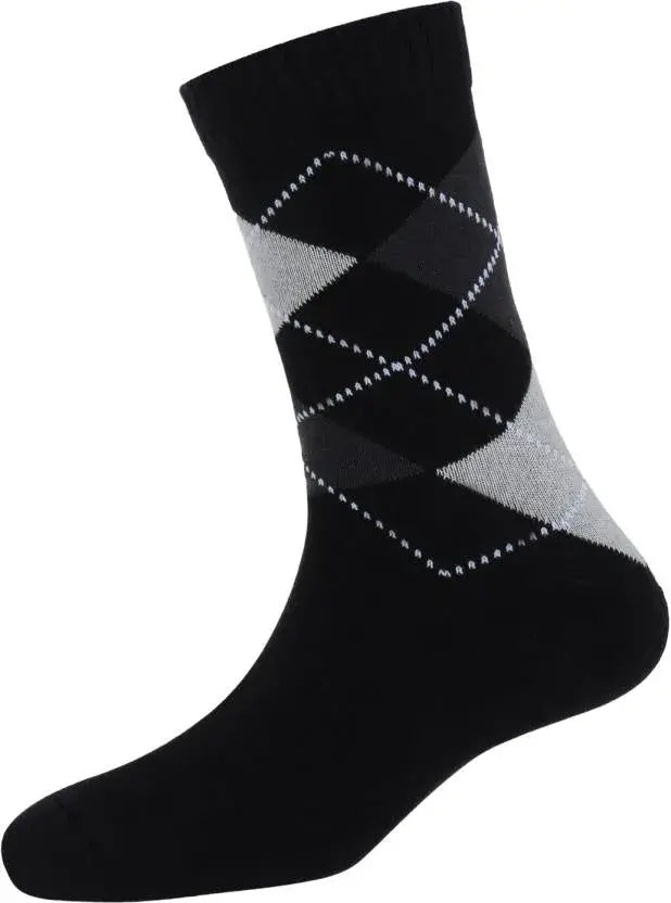 Argyle Style Black And Grey Printed Long Socks - Pack Of 6