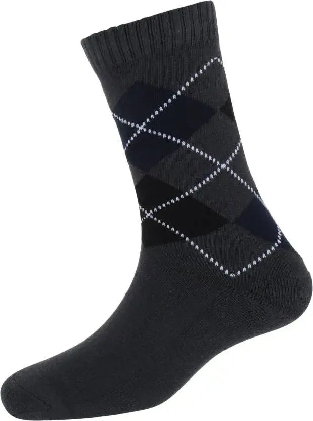 Argyle Style Black And Grey Printed Long Socks - Pack Of 6