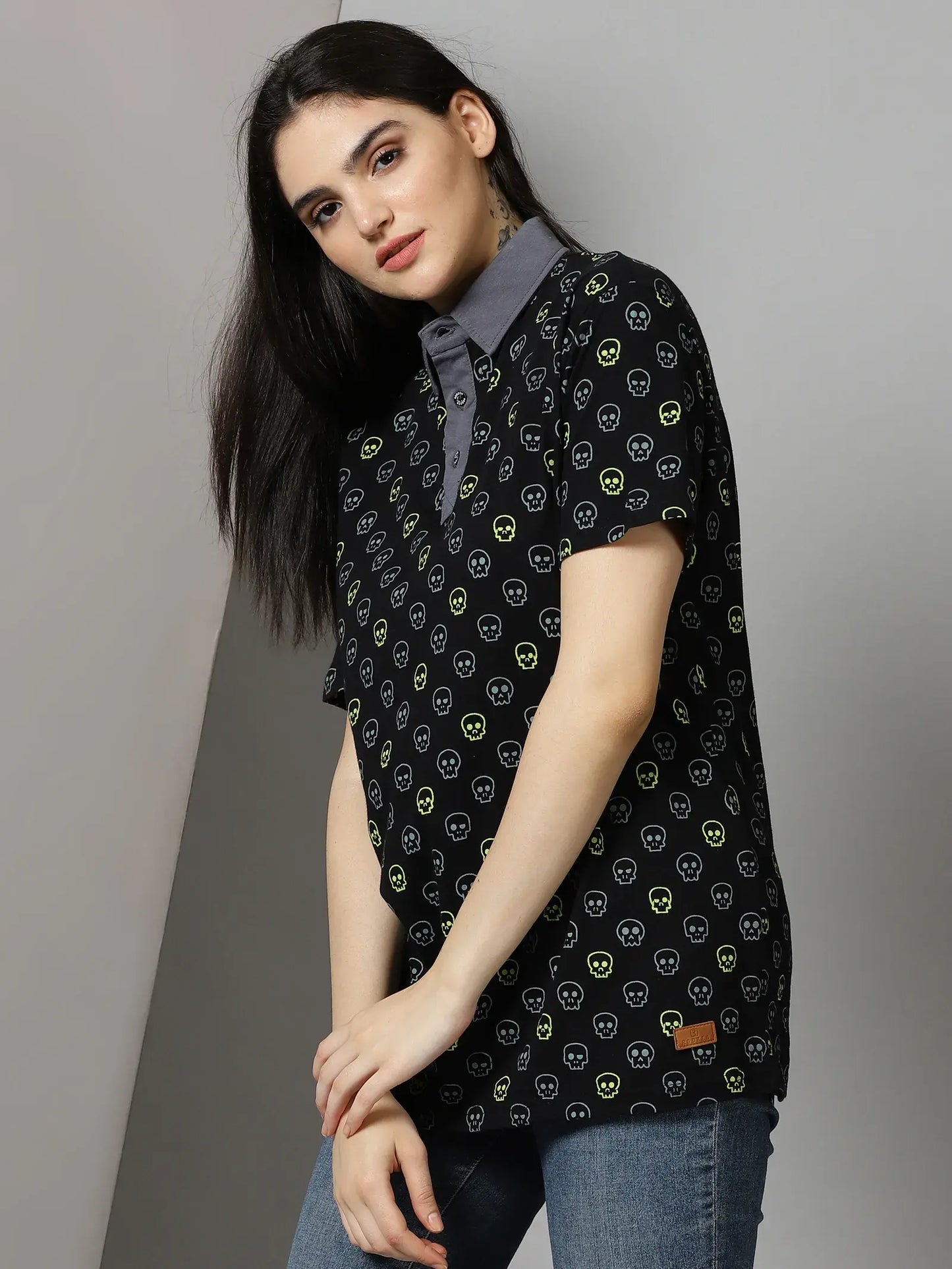 Black Skull Print Grey Collor Polo T-Shirt By Rodzen