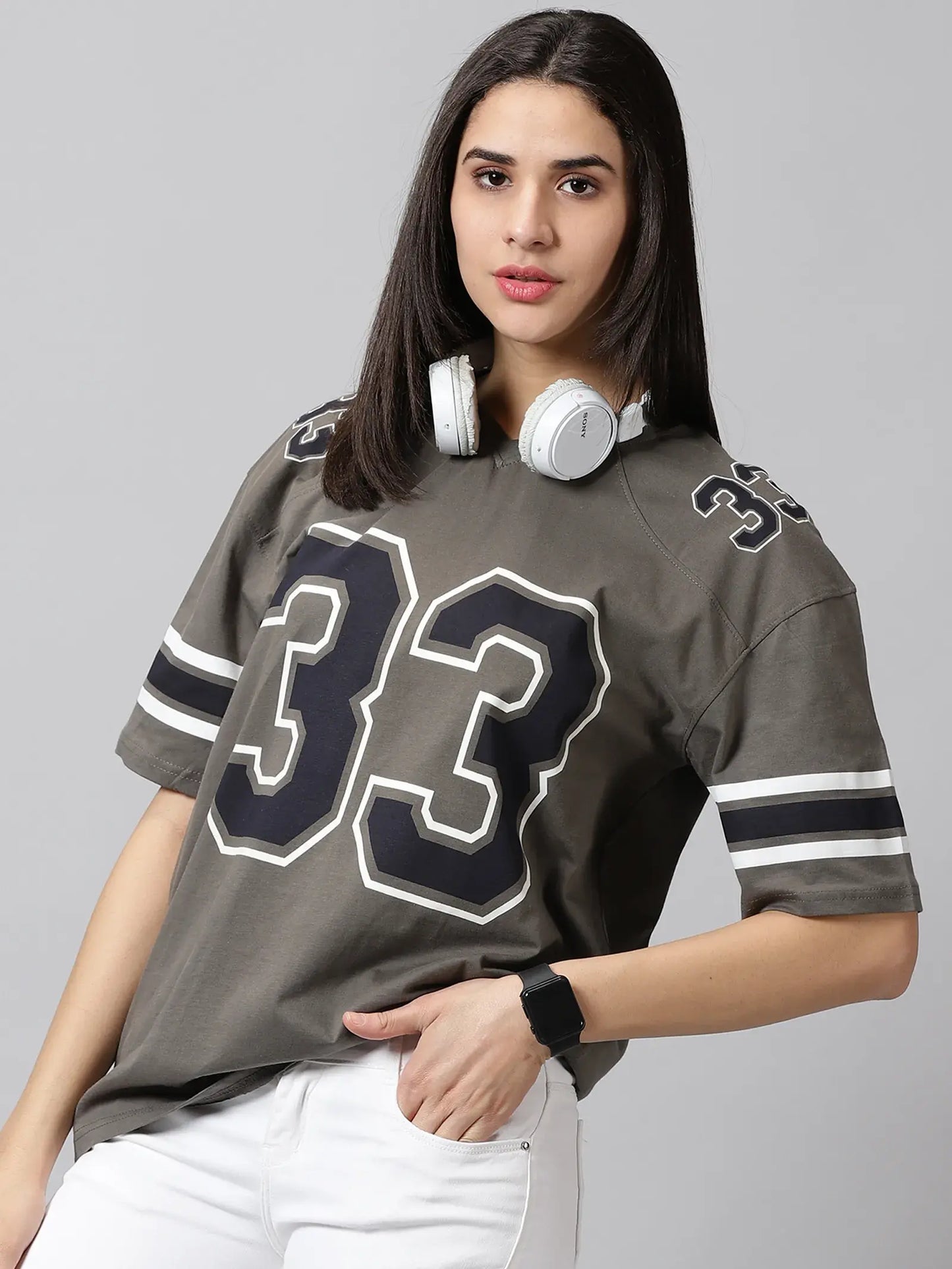 33 Printed Cley Gray Women Oversized Tshirt By Rodzen