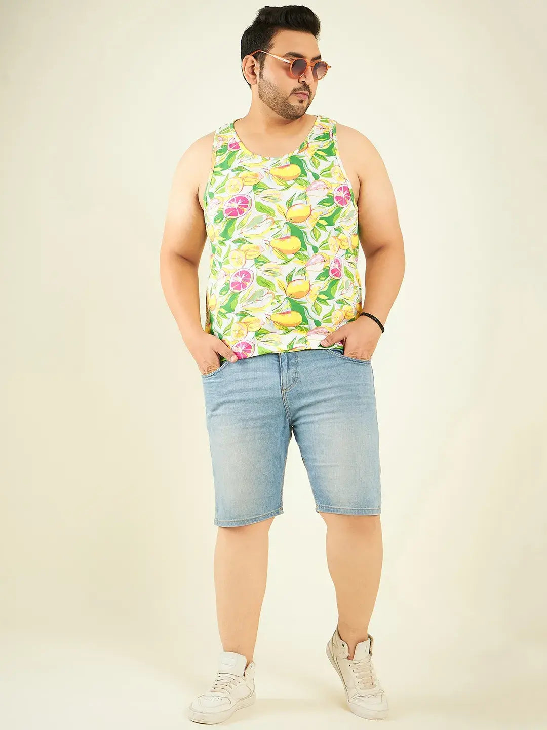 Yellow Fruit Printed Plus Size Vest By Rodzen