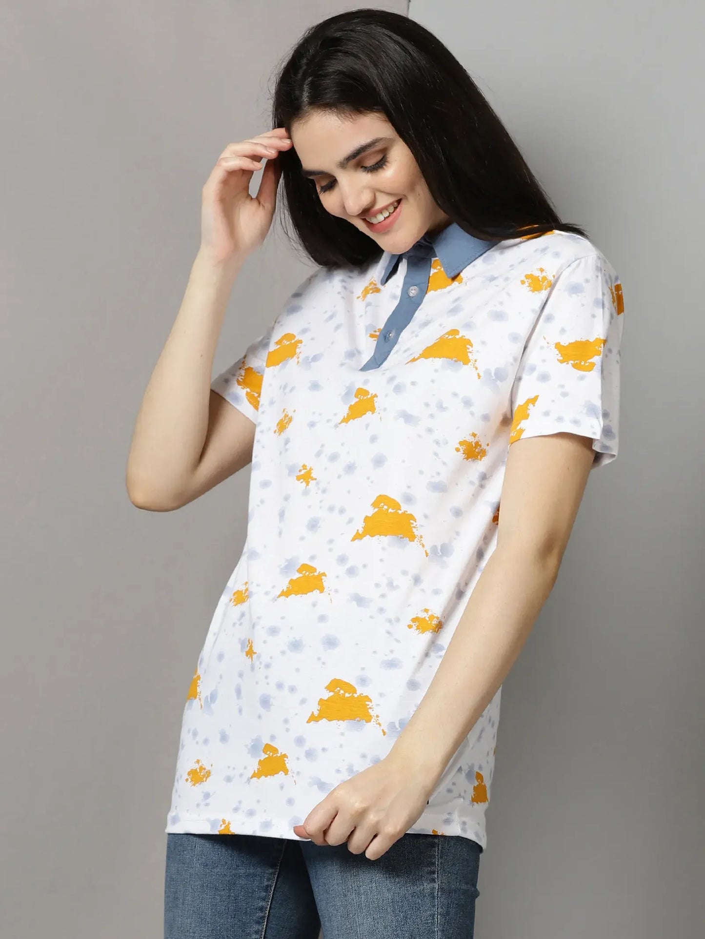 White Print Grey Collor Polo T-Shirt By Rodzen
