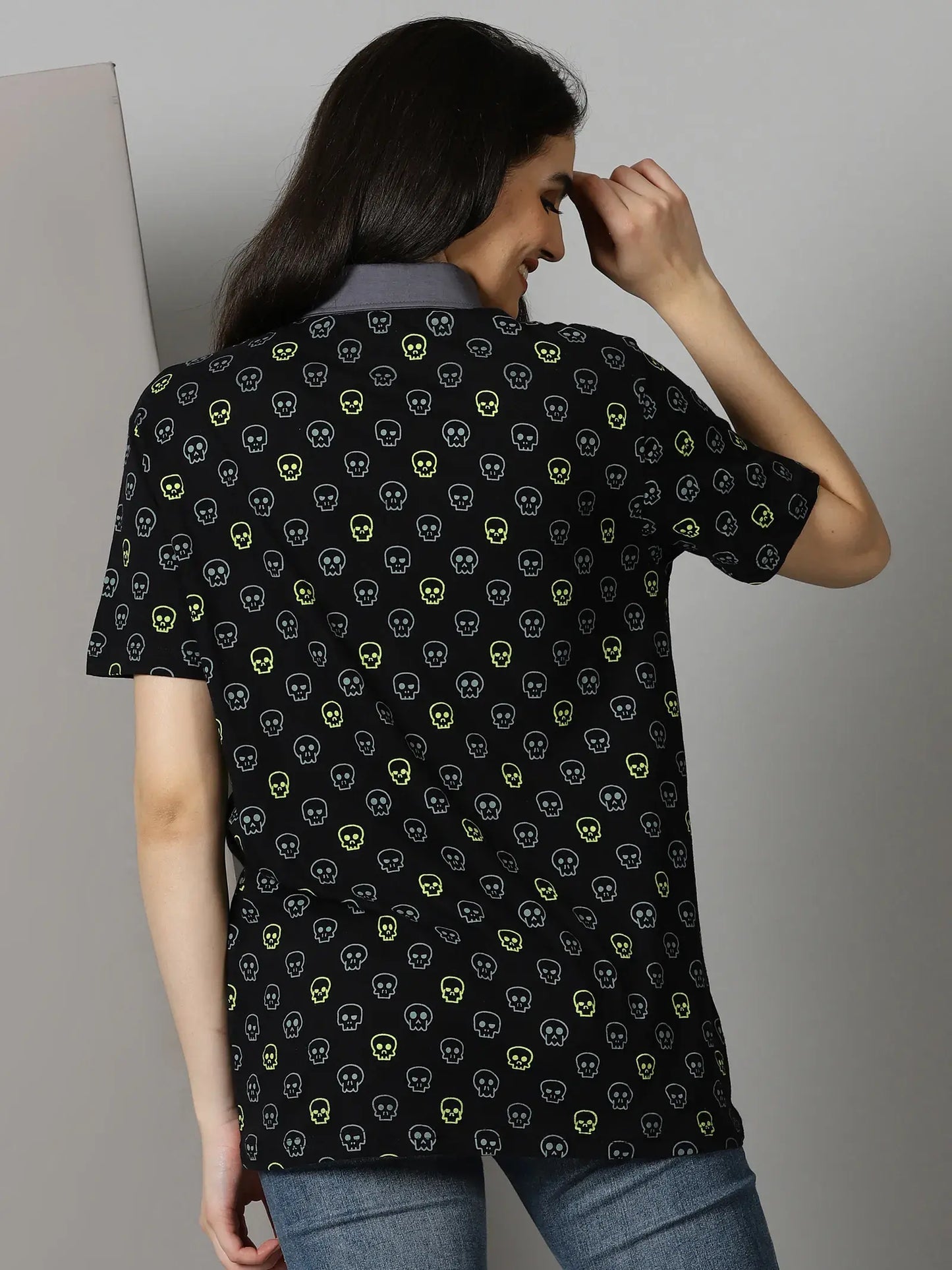 Black Skull Print Grey Collor Polo T-Shirt By Rodzen