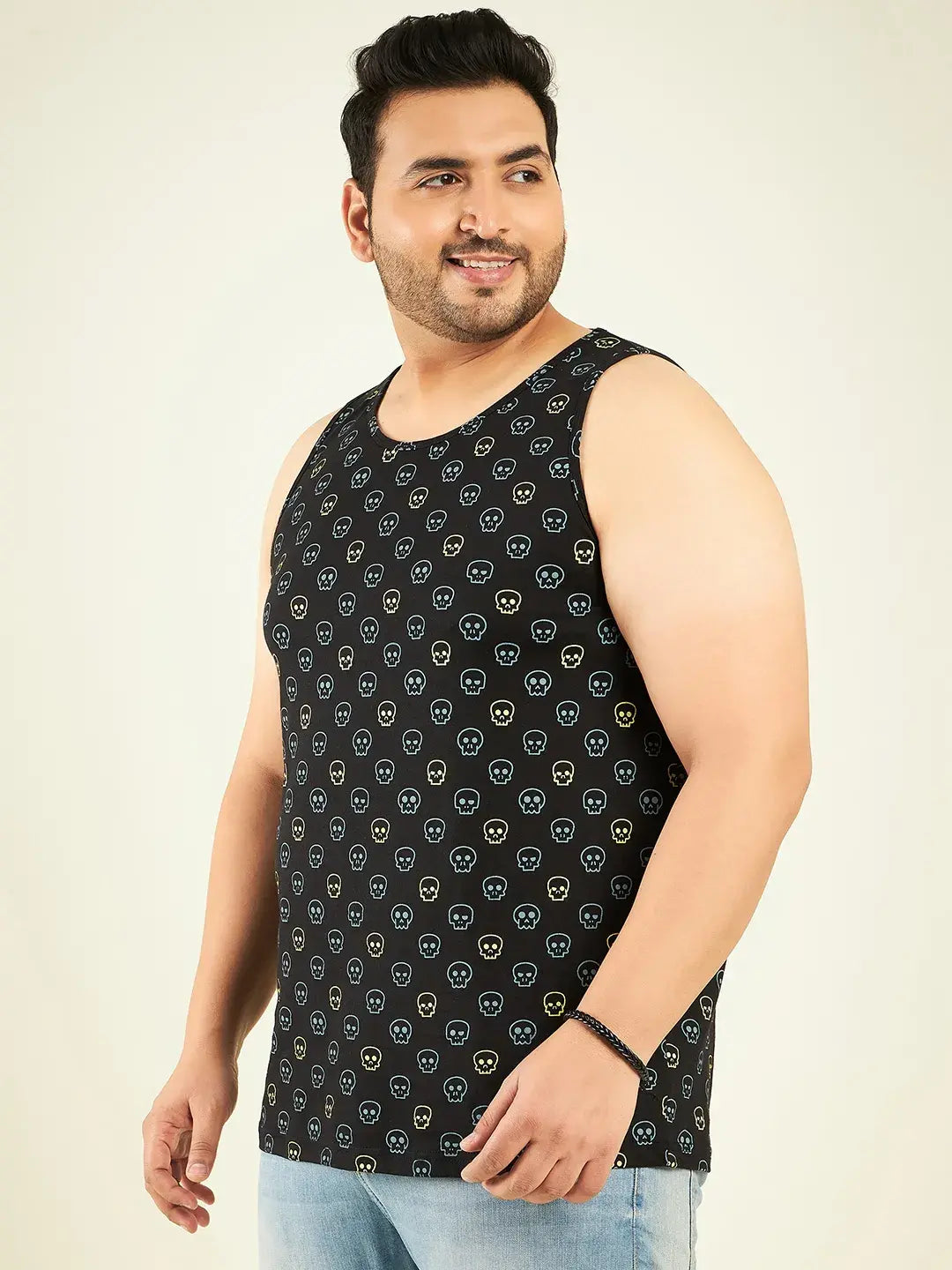Black Skull Print Grey Plus Size Vest By Rodzen