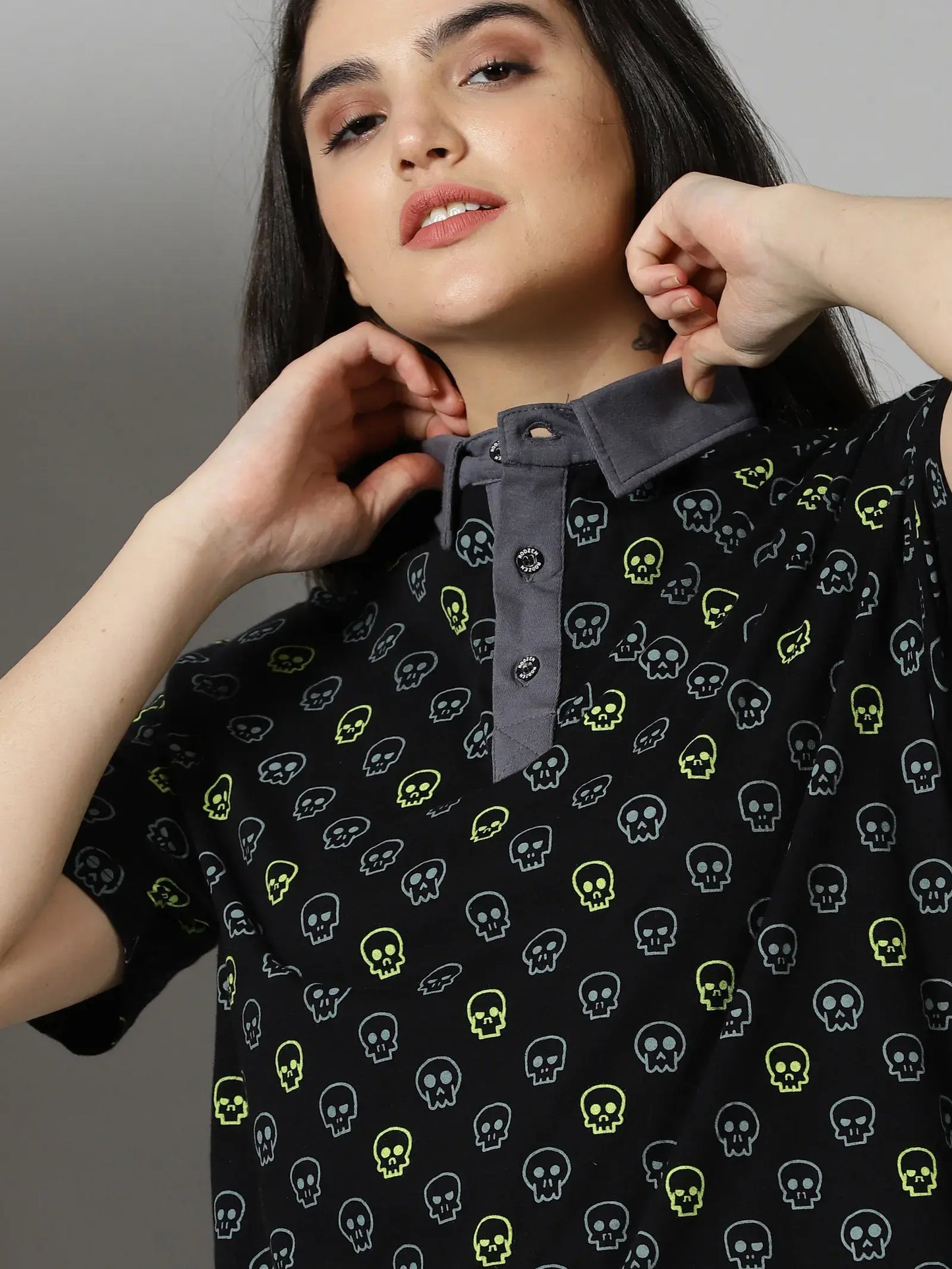 Black Skull Print Grey Collor Polo T-Shirt By Rodzen