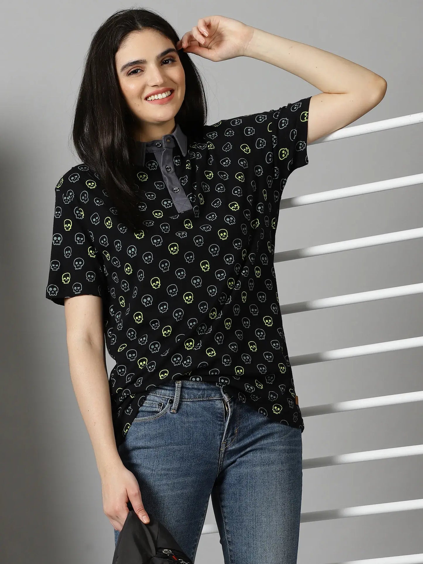Black Skull Print Grey Collor Polo T-Shirt By Rodzen