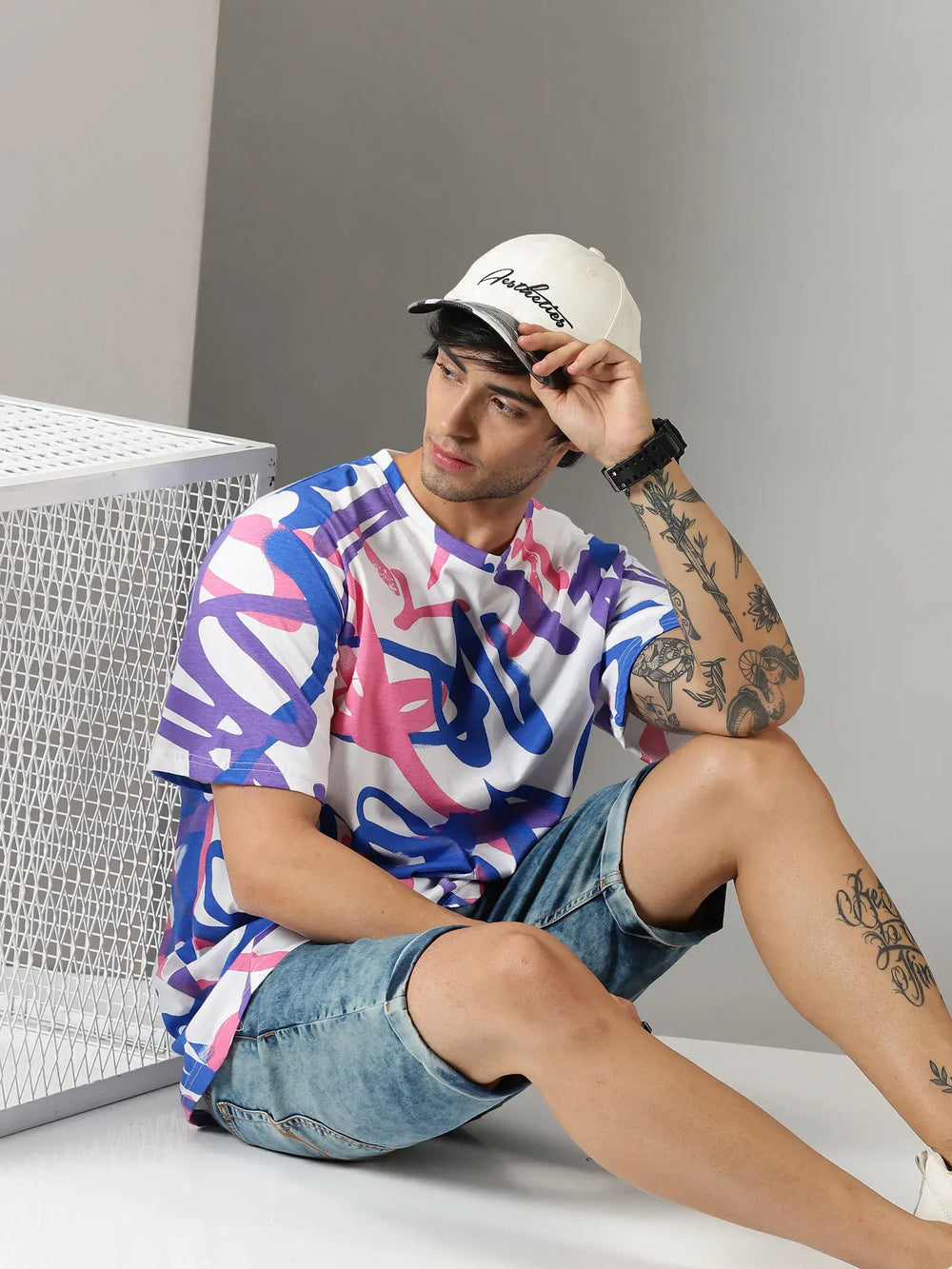 White Doodle Art Print Men Oversized Tshirt