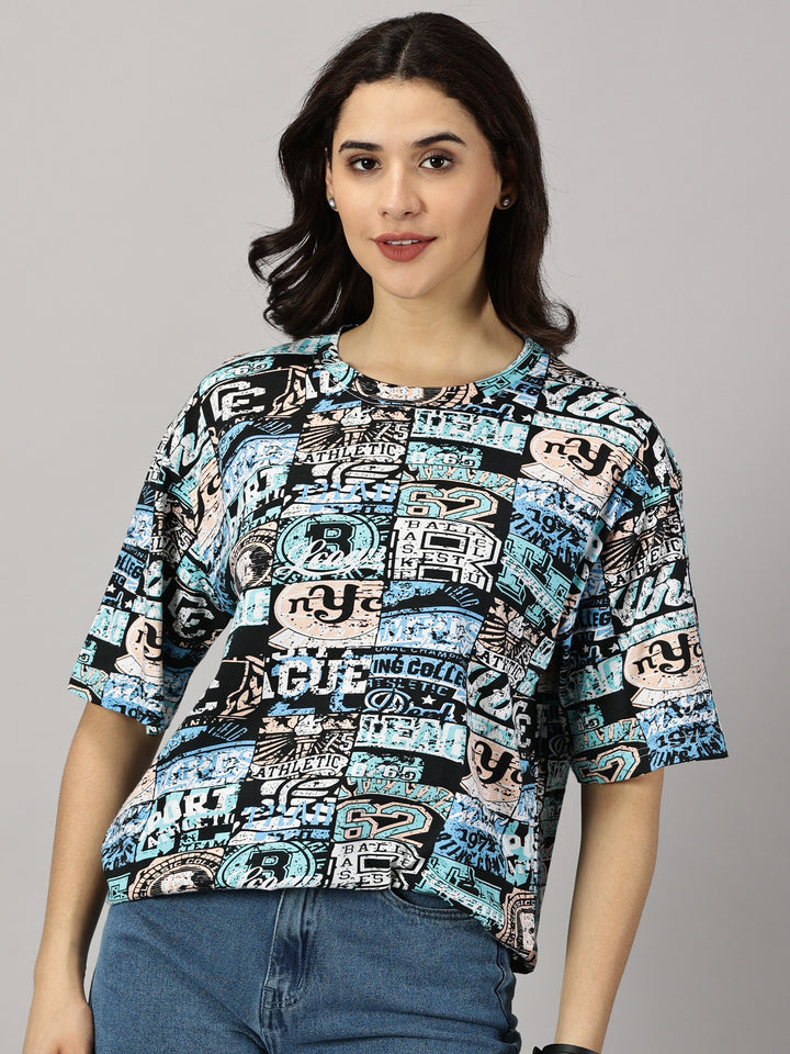 Multi-print Blue Oversized T shirts 