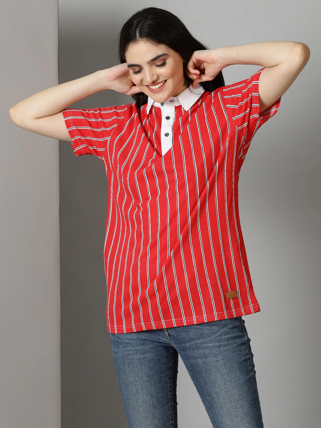 Red Stripes Polo Collar T-Shirt By Rodzen