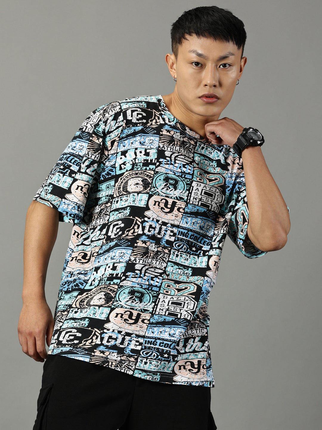 Multi-print Blue Oversized T shirts 