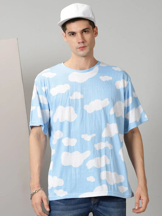 Blue With White Clouds Design Oversized T-Shirt By Rodzen