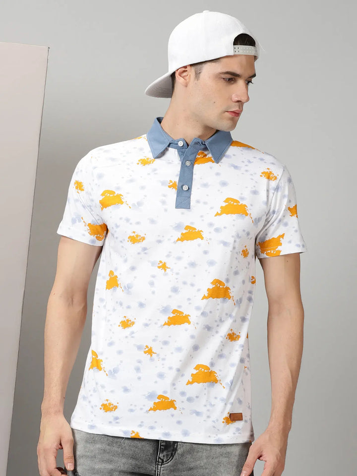 White Polo Tshirt With Yellow Print By Rodzen