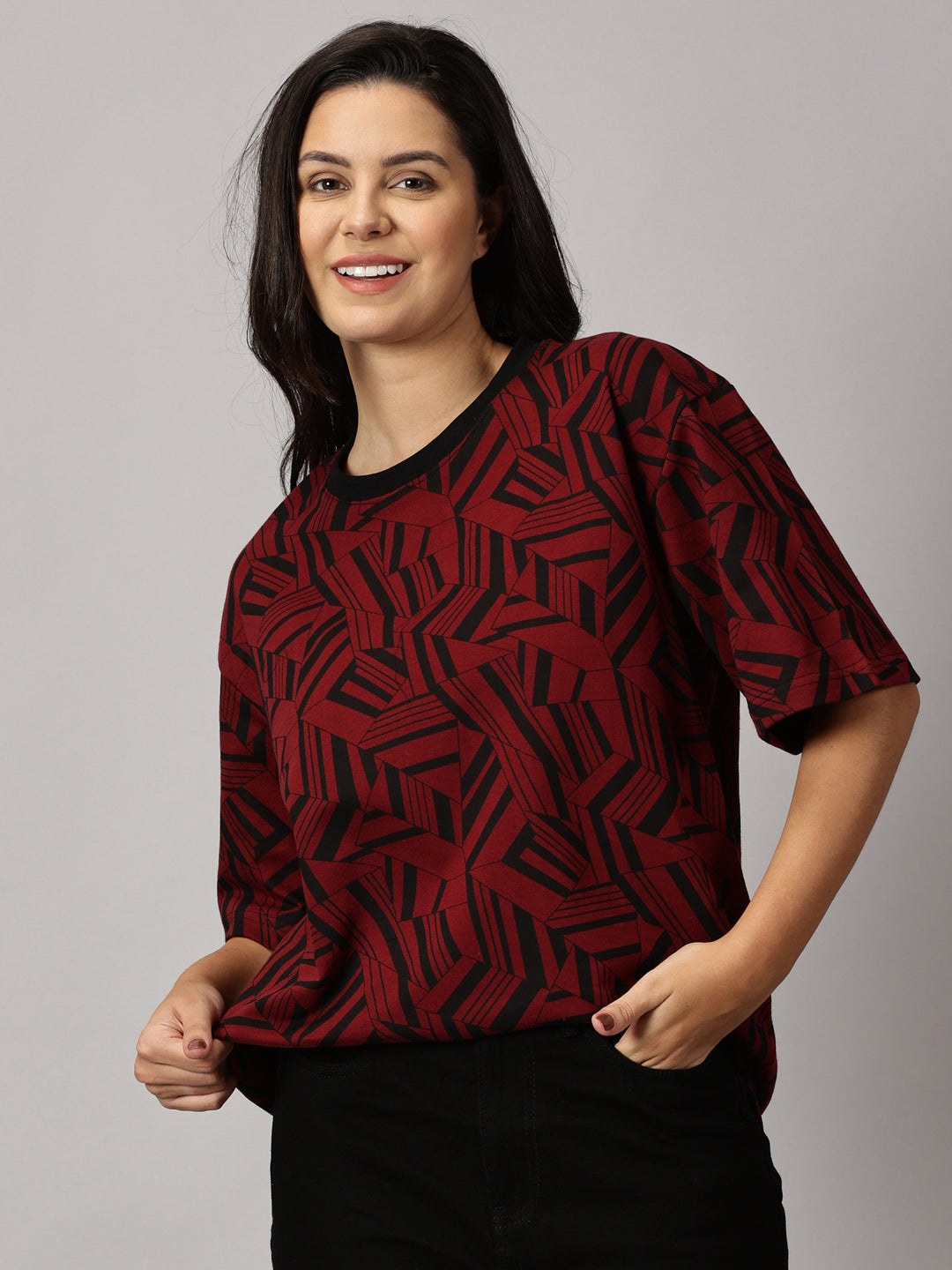 Print Maroon Oversized T-Shirt For Women- By Rodzen