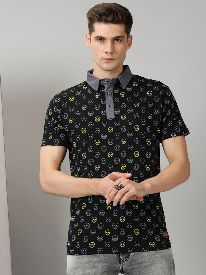 Black Printed Polo T-Shirt Rodzen