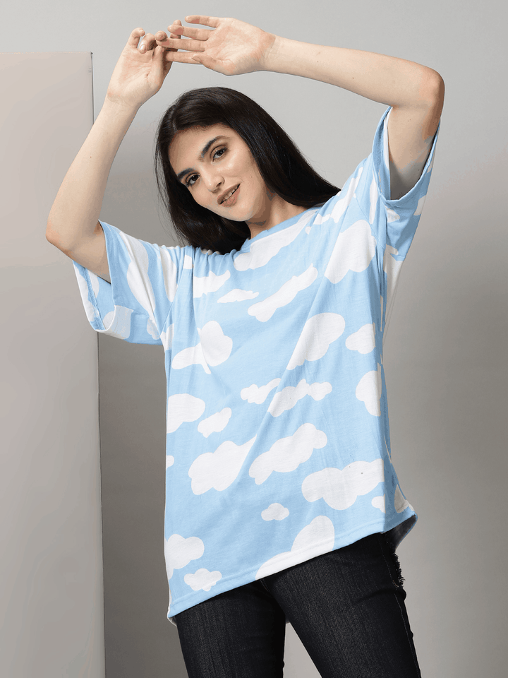 Blue Crewneck White Cloud T-Shirt By Rodzen