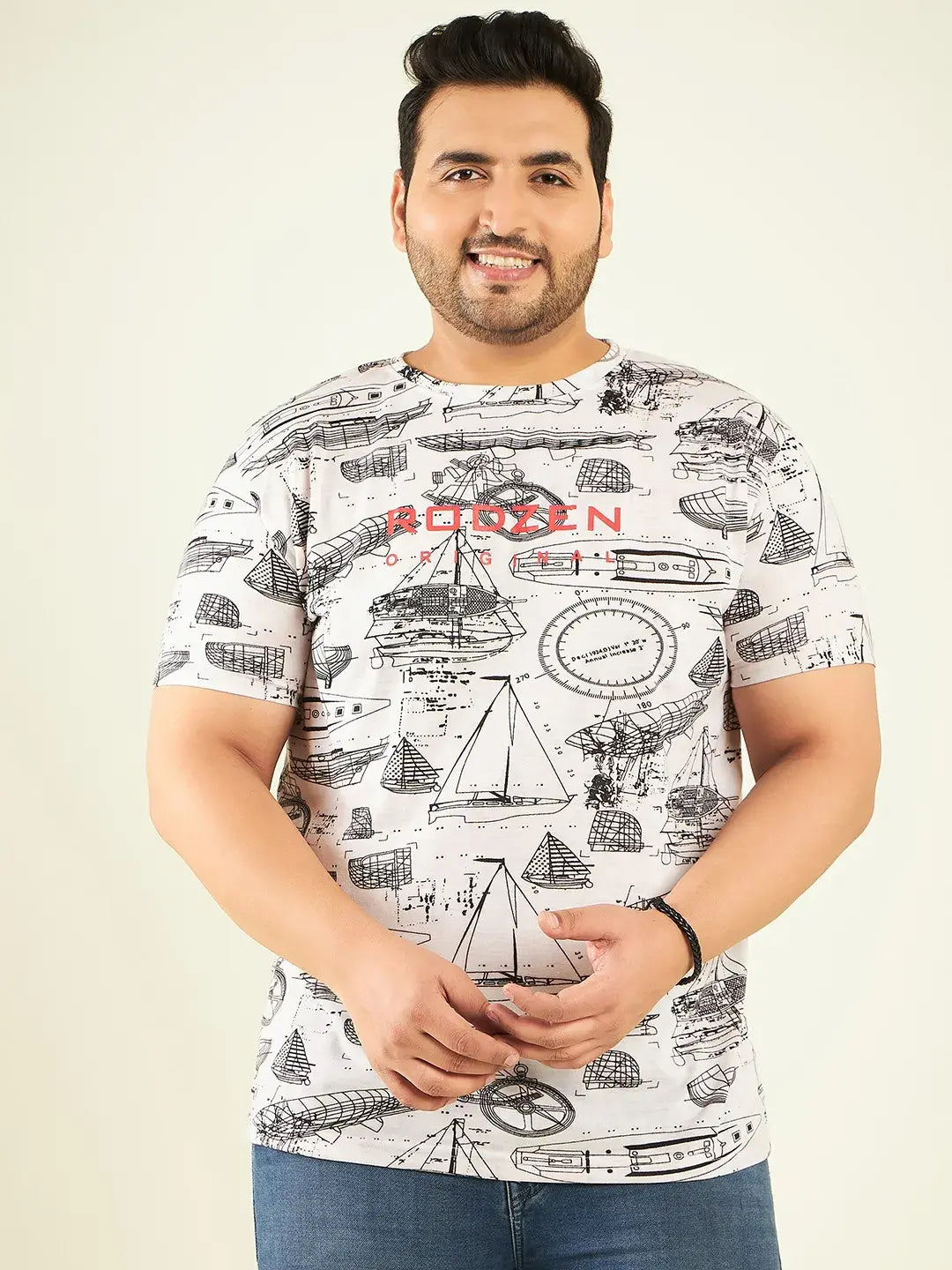 Boat Printed White Plus Size T-Shirt By Rodzen