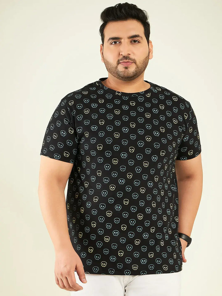 Black Skull Print Grey Plus Size T-Shirt By Rodzen