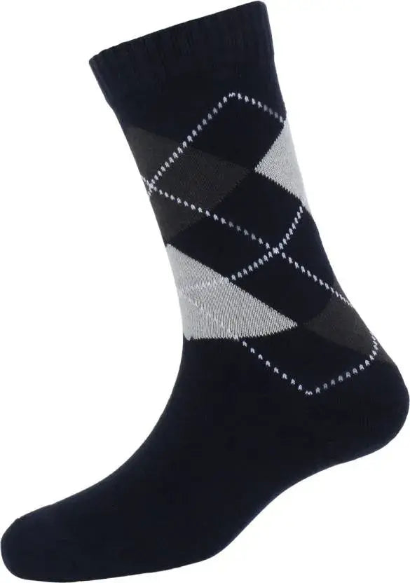 Argyle Style Black And Grey Printed Long Socks - Pack Of 6
