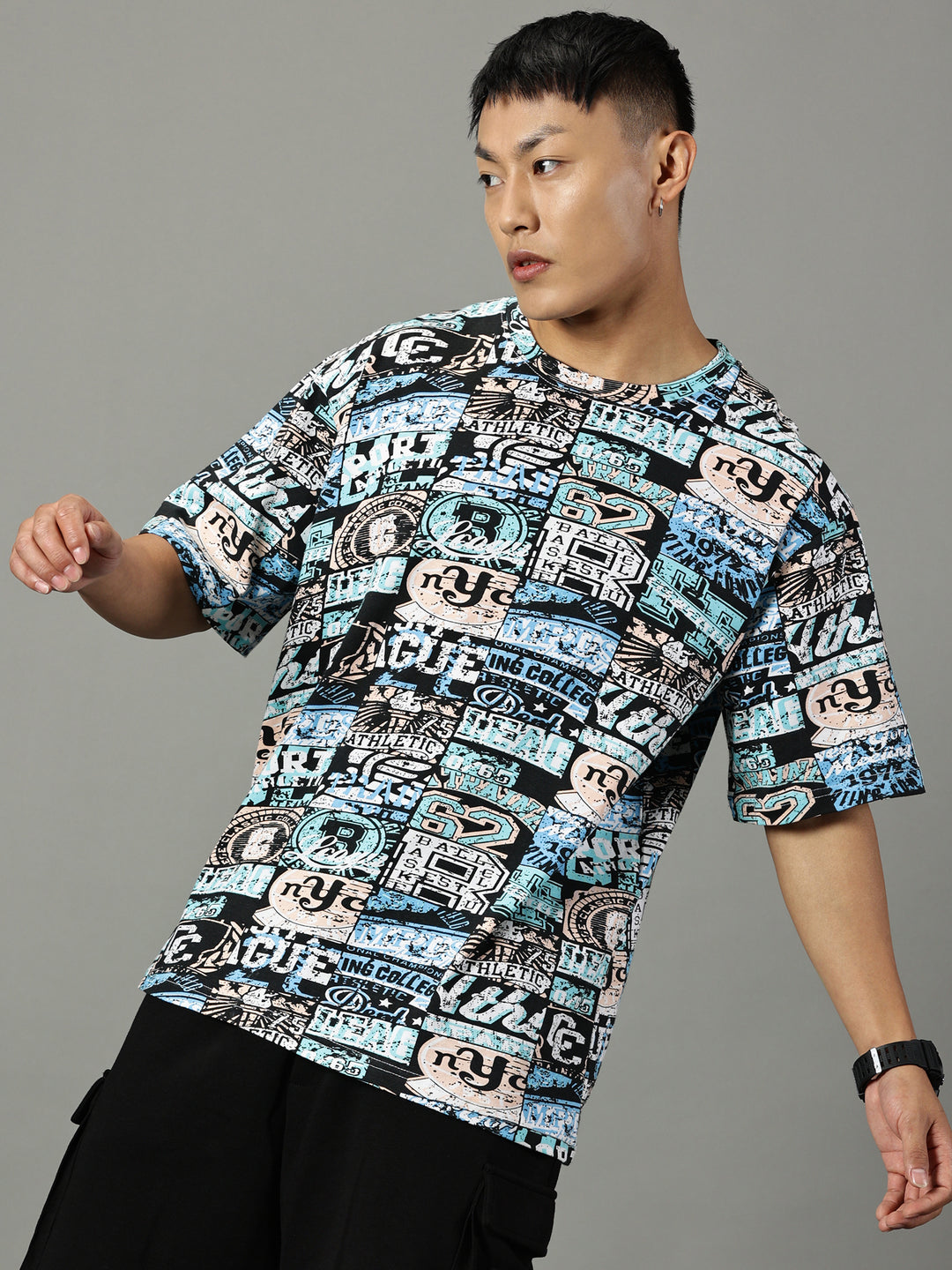 Multi-print Blue Oversized T shirts 