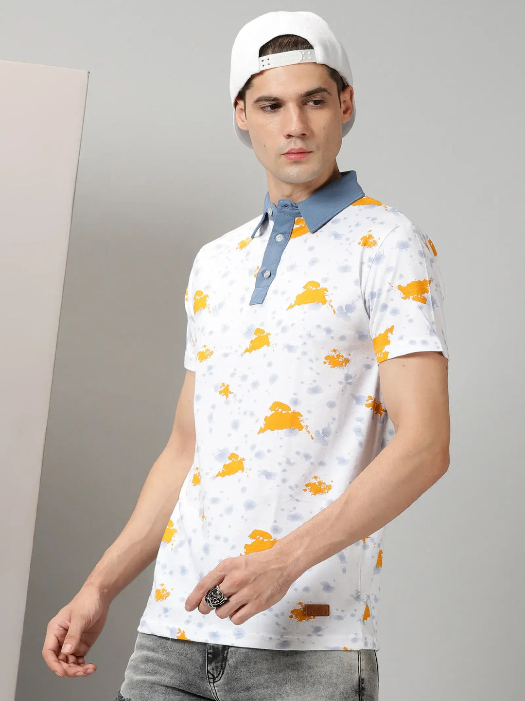 White Polo Tshirt With Yellow Print By Rodzen