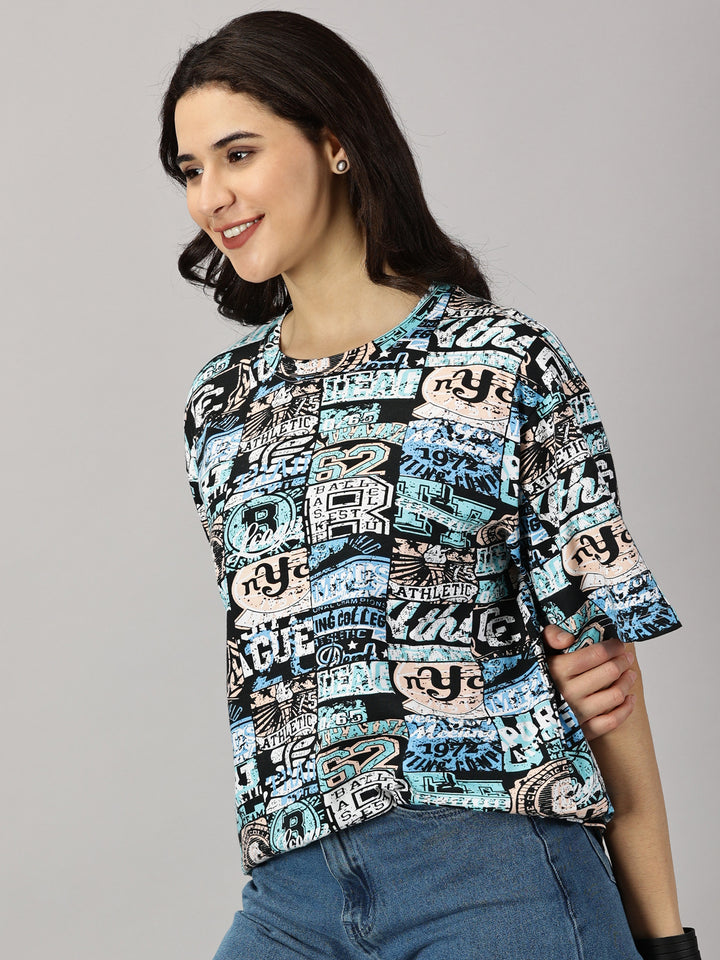 Multi-print Blue Oversized T shirts 