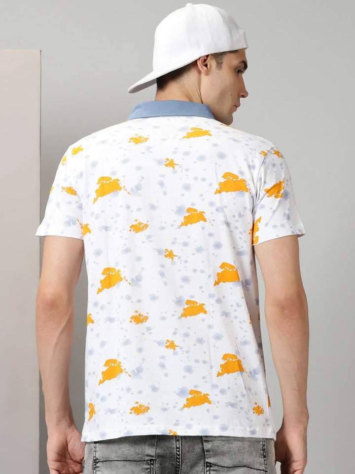 White Polo Tshirt With Yellow Print By Rodzen