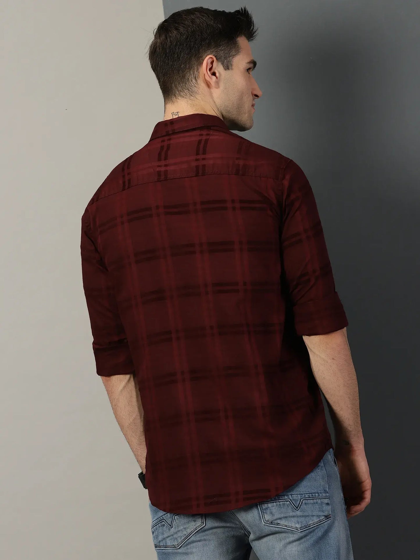 Maroon Checks Printed Full Sleeve Men's Shirt