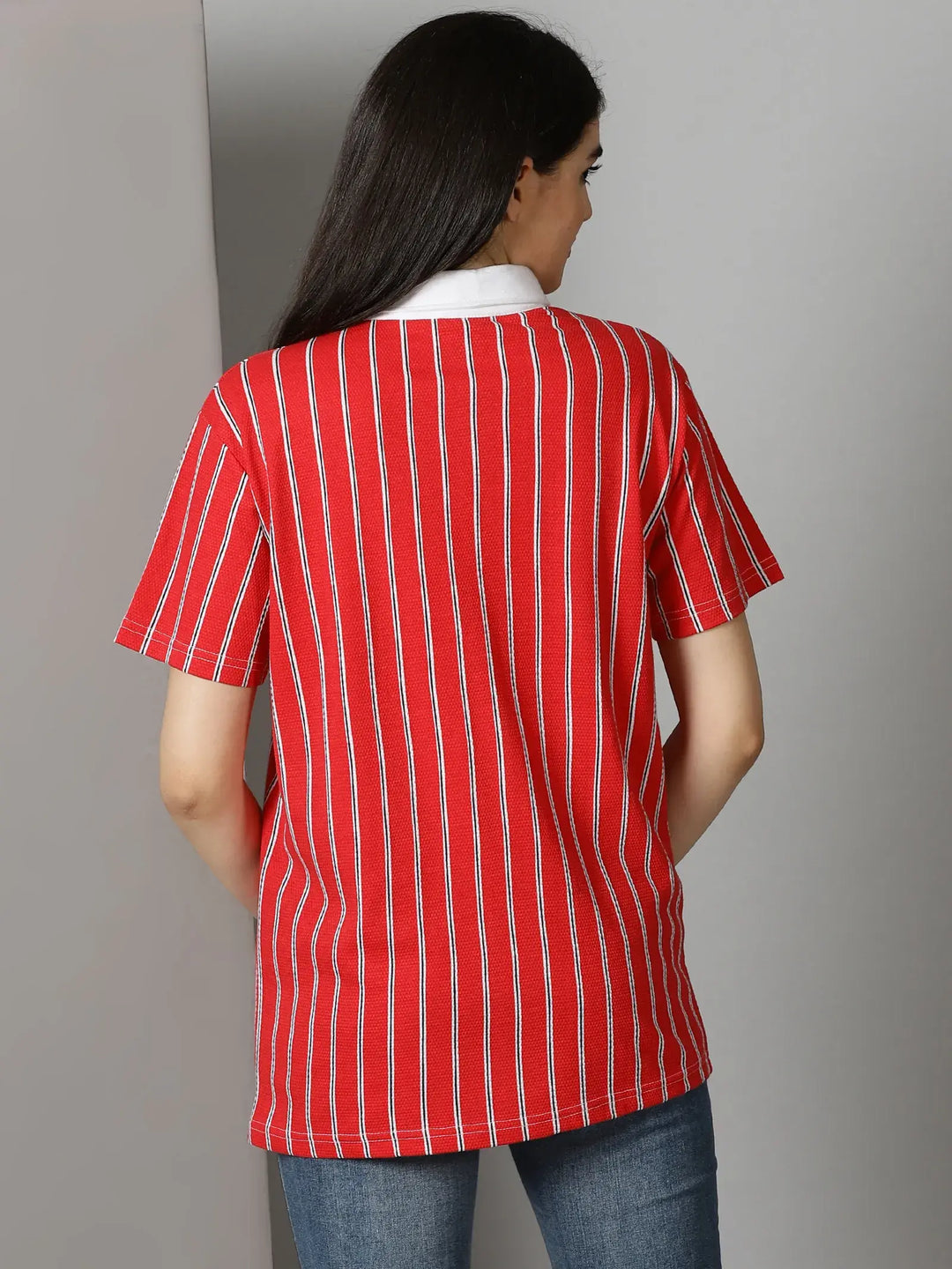 Red Stripes Polo Collar T-Shirt By Rodzen