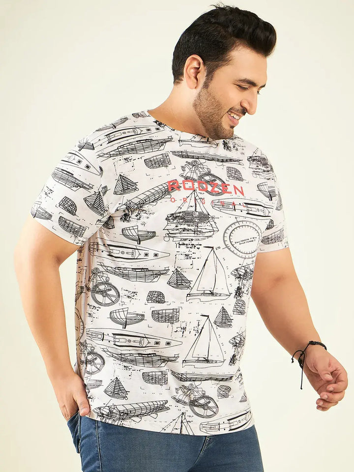 Boat Printed White Plus Size T-Shirt By Rodzen