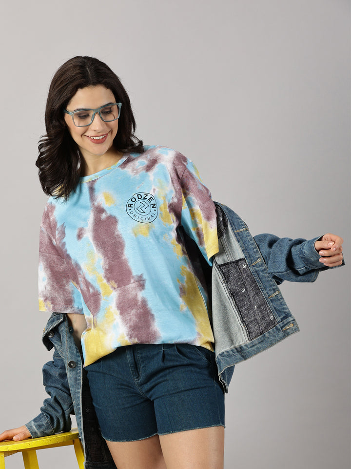 Tie Die Sky Blue Oversized T-Shirt For Women- By Rodzen