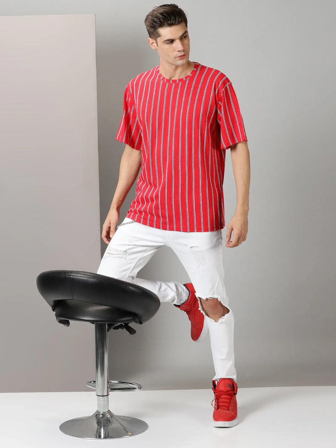 Red Stripes Oversized T-Shirt By Rodzen