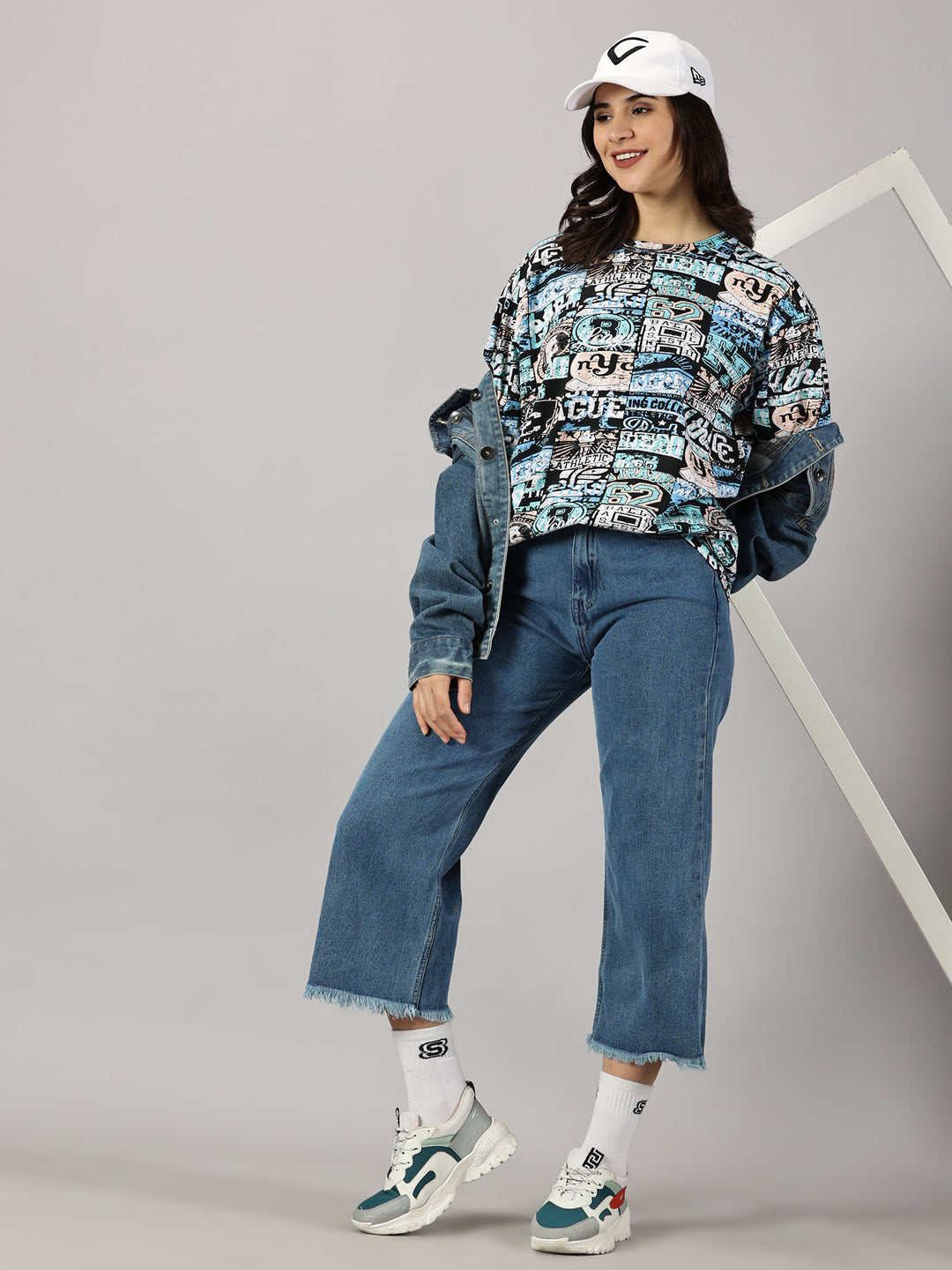 Multi-print Blue Oversized T shirts 