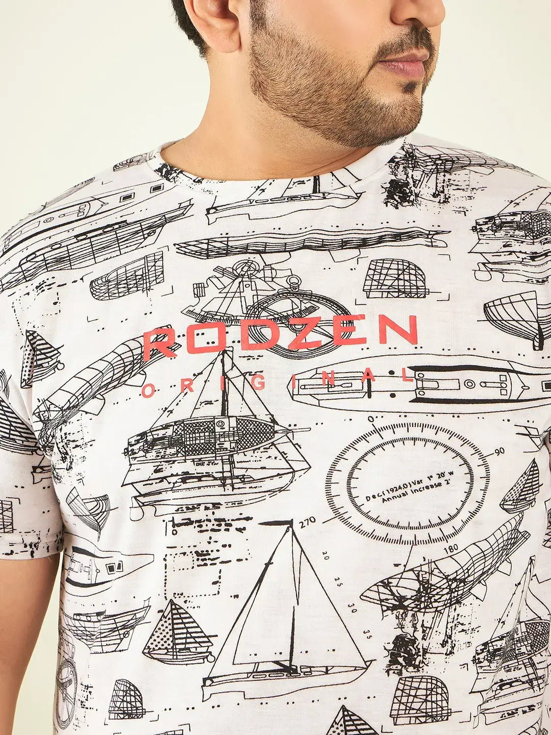 Boat Printed White Plus Size T-Shirt By Rodzen