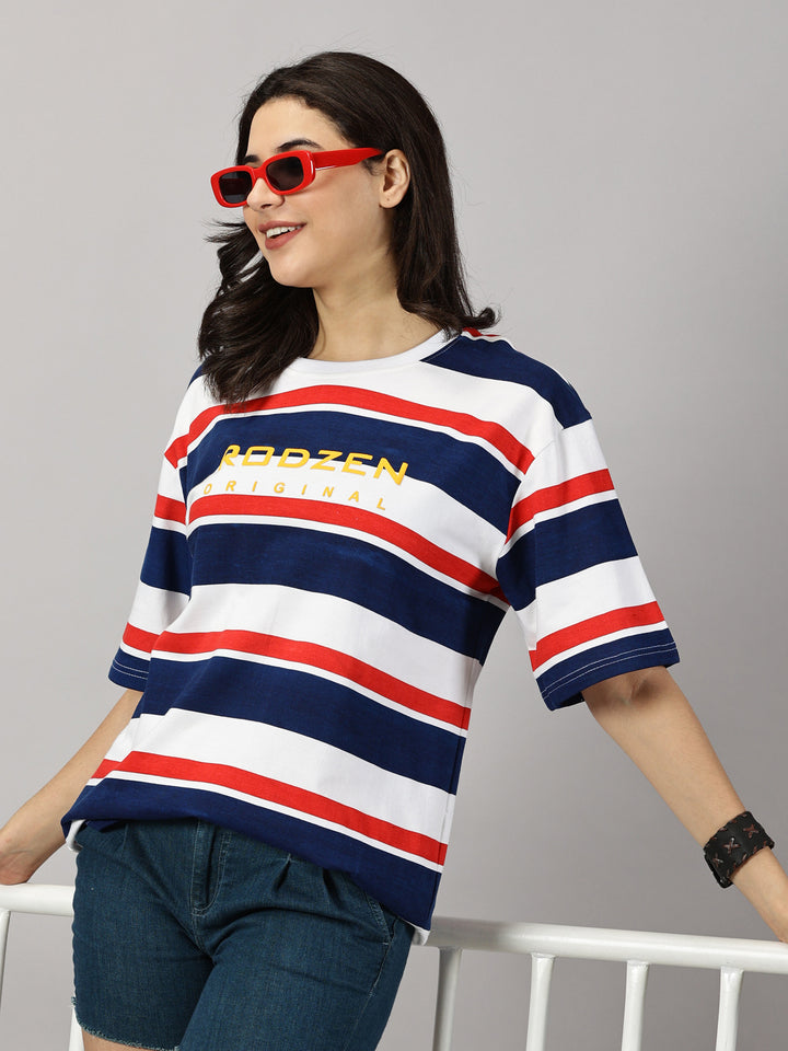 Stripe Navy  Oversized T-Shirt For Women- By Rodzen