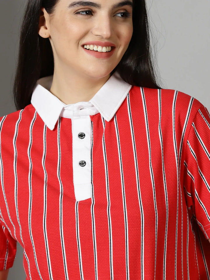 Red Stripes Polo Collar T-Shirt By Rodzen