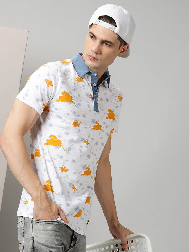 White Polo Tshirt With Yellow Print By Rodzen