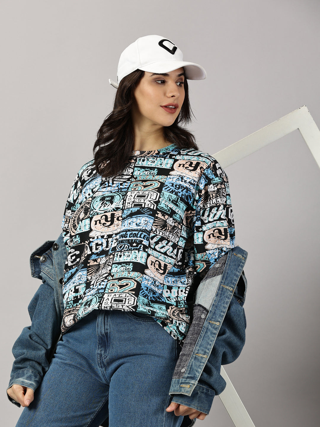 Multi-print Blue Oversized T shirts 