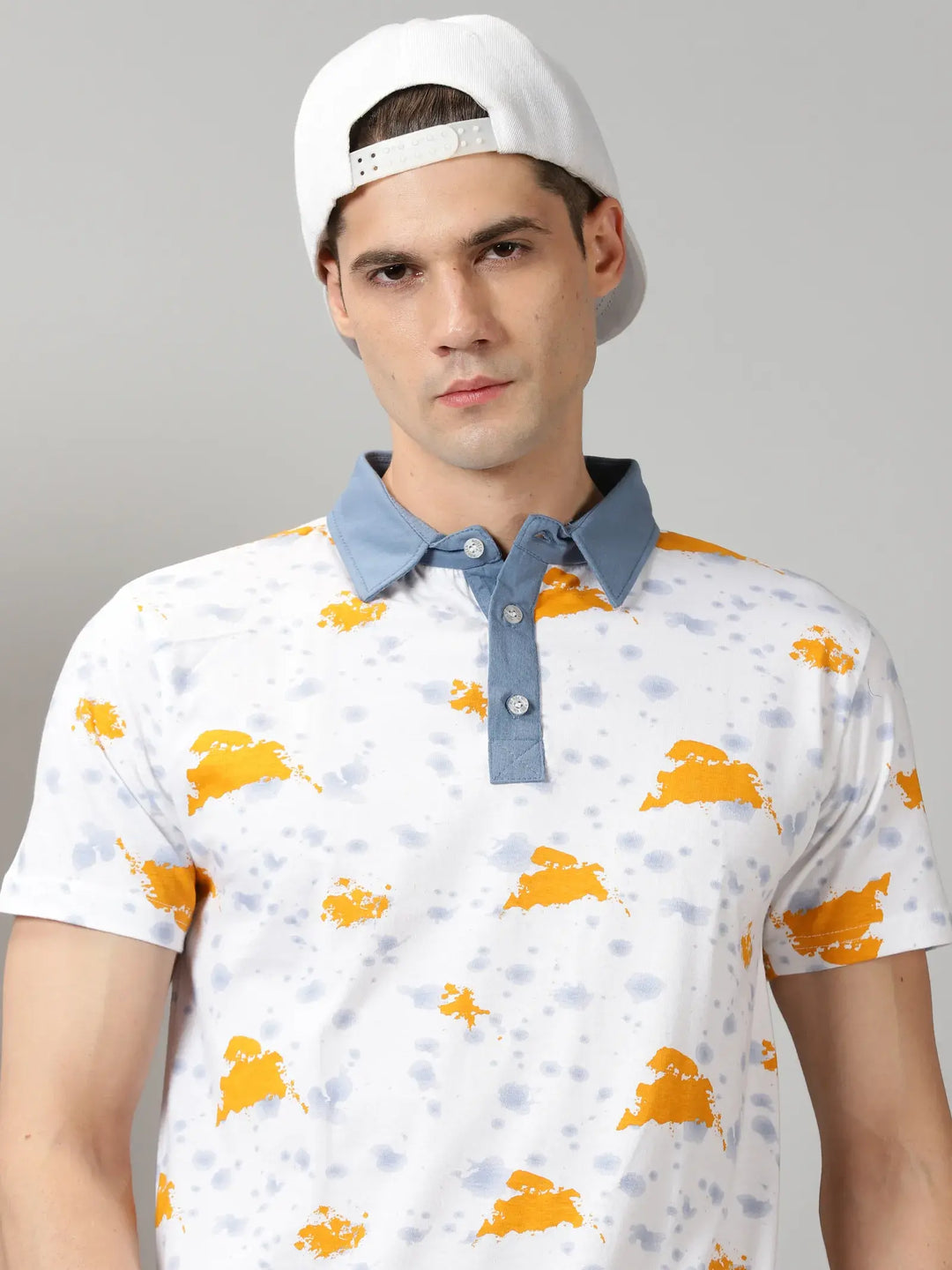 White Polo Tshirt With Yellow Print By Rodzen