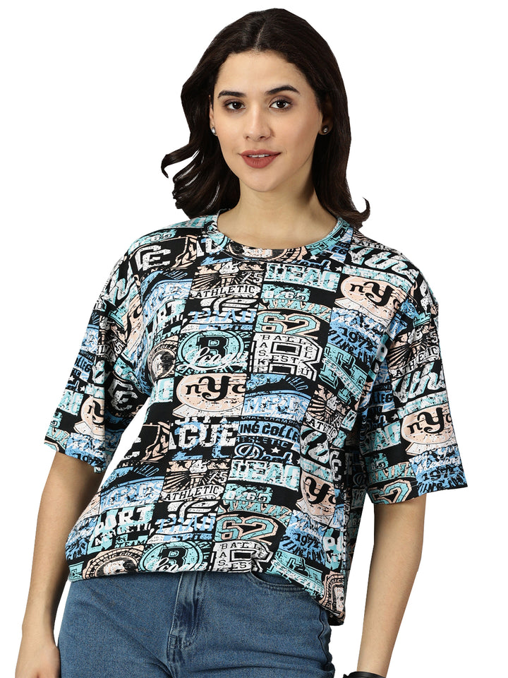 Multi-print Blue Oversized T shirts 