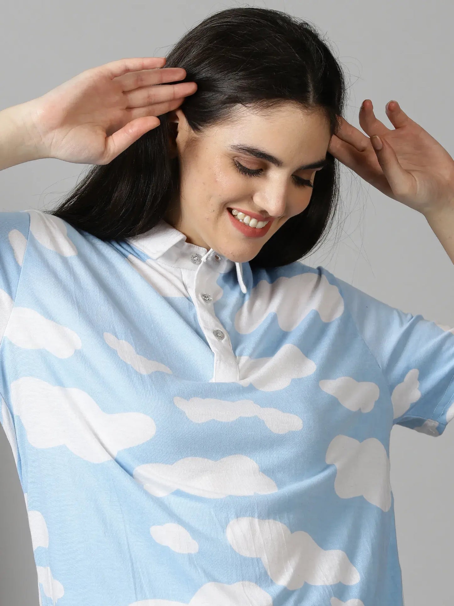 Blue Cloud Print White Polo-Neck Tshirt