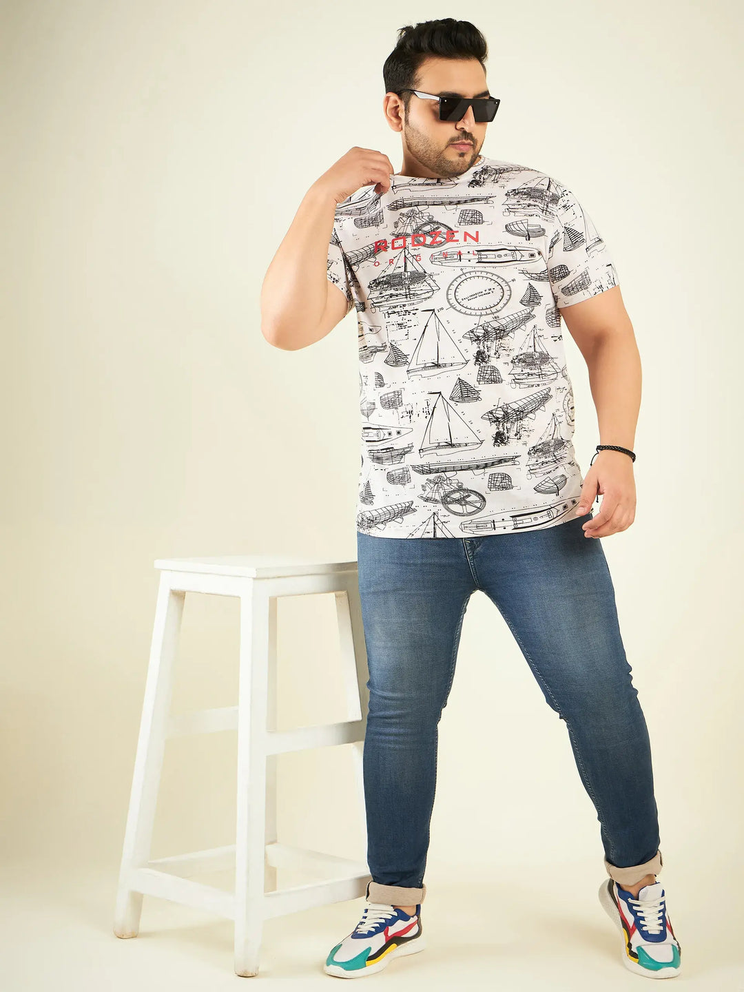 Boat Printed White Plus Size T-Shirt By Rodzen