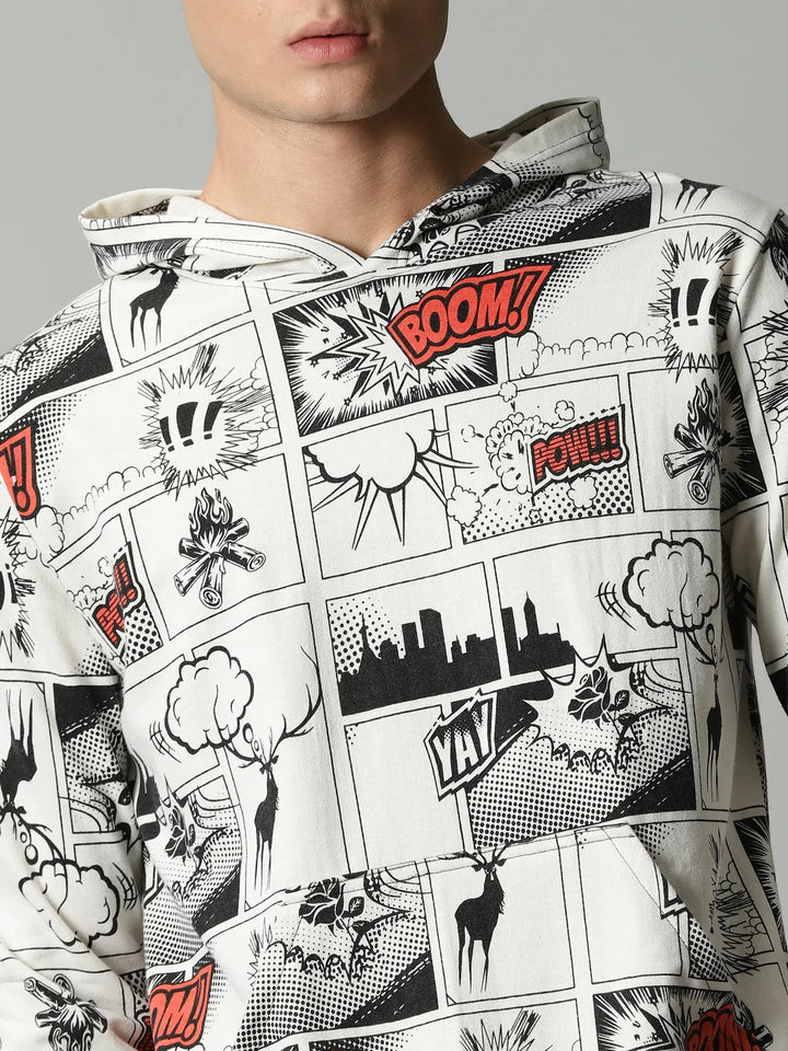 White Comic Print Hoodie