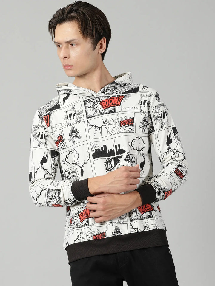 White Comic Print Hoodie