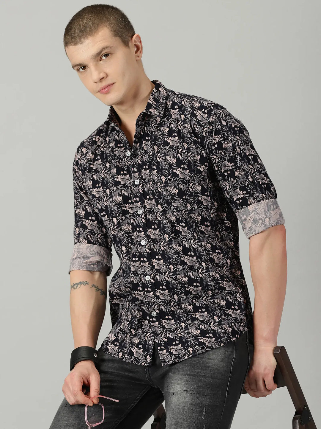 Pink Leaf Full Sleeve Men's Printed Shirt