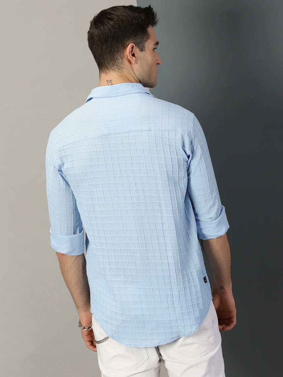 Blue Checks Textured Full Sleeve Men's Shirt